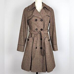 Peppercorn Women's Vintage Gold Fleck Brown Tweed Trench Wool Belted Coat Size S